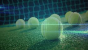 Tennis balls scattering across green court, digital network lines glowing while linking nodes. Sport, technology, innovation, data, connectivity, mentorship, activity - Powered by Shutterstock - Get 15% off with code: PIKWIZARD15