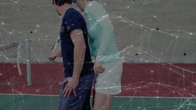 female coach adjusting male trainee racket grip on court, showing sports technology network overlay. Athletic, training, digital, connectivity, instruction, coaching, sport - Powered by Shutterstock - Get 15% off with code: PIKWIZARD15