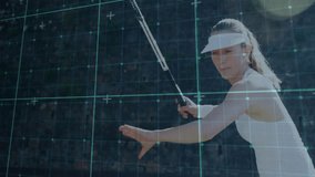 female tennis player swinging racket on outdoor court, showing sports technology grid overlay. Athletic, fitness, modern, technology, active, sport, outdoor - Powered by Shutterstock - Get 15% off with code: PIKWIZARD15