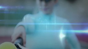 female tennis player examining tennis ball on court, showcasing sports technology network overlay. Athletic, fitness, futuristic, sportswear, innovation, outdoor, determination - Powered by Shutterstock - Get 15% off with code: PIKWIZARD15