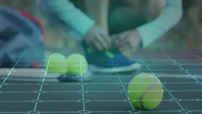 Female athlete crouching tying shoes on tennis court featuring technology grid overlay with balls. Sport, fitness, activewear, modern, innovation, outdoor, determination - Powered by Shutterstock - Get 15% off with code: PIKWIZARD15