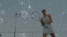 Female tennis player serving on outdoor tennis court, with sports analytics graphs overlaying. Athlete, sports, technology, fitness, competition, activewear, outdoor - Powered by Shutterstock - Get 15% off with code: PIKWIZARD15