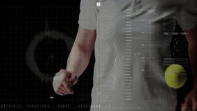 Female tennis player holding racket and ball in studio, showcasing sports tech HUD graphics. Athlete, sport, modernization, digital, innovation, competition, fitness - Powered by Shutterstock - Get 15% off with code: PIKWIZARD15