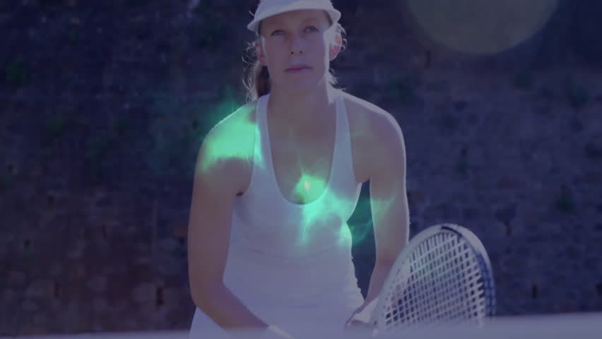 female tennis player swinging racket on red clay court, showcasing technology data network overlay. Athletic, connectivity, innovation, sport, modern, dynamic, outdoor
