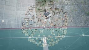 Male tennis player swinging racket on green court, generating floating thumbnails for sports tech. Athlete, competition, motion, technology, digital, connectivity, outdoor - Powered by Shutterstock - Get 15% off with code: PIKWIZARD15