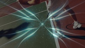 Male tennis player hitting ball on clay court, glowing neon energy trails swirling in sports tech. Sports, motion, digital, athletic, vibrant, competition, outdoors - Powered by Shutterstock - Get 15% off with code: PIKWIZARD15