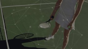 female tennis player swinging racket on court, with network overlay highlighting sports technology. Athletics, sport, fitness, competition, outdoor, modern, dynamic - Powered by Shutterstock - Get 15% off with code: PIKWIZARD15