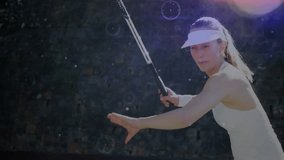 Female tennis player swinging racket on outdoor court, showcasing sports technology HUD overlays. Athletic, sport, competition, innovation, vitality, motion, summer - Powered by Shutterstock - Get 15% off with code: PIKWIZARD15