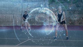Male and female players rallying on tennis court, displaying holographic data globe technology. Athletics, innovation, digital, futuristic, outdoor, competitive, technological - Powered by Shutterstock - Get 15% off with code: PIKWIZARD15