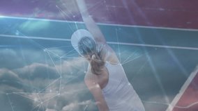 female tennis player serving on outdoor court, displaying digital overlays highlighting technology. Athletic, futurism, motion, geometric, connectivity, sport, landscape - Powered by Shutterstock - Get 15% off with code: PIKWIZARD15