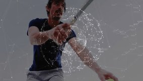 Male tennis player serving with racket under digital network overlay highlighting sports technology. Athlete, sports, motion, digital, futuristic, performance, innovation - Powered by Shutterstock - Get 15% off with code: PIKWIZARD15