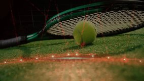Tennis racket and ball being rendered in 3D on green turf, featuring red digital grid overlay. Technology, sports, simulation, digitalart, athletics, innovation, engineering - Powered by Shutterstock - Get 15% off with code: PIKWIZARD15