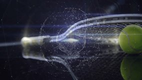 3D tennis racket lying on reflective floor while digital network sphere glowing around tennis ball. Technology, sports, innovation, digital, futuristic, motionless, aesthetics - Powered by Shutterstock - Get 15% off with code: PIKWIZARD15