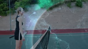 female tennis player shaking hands across net with holographic globe showing technology network. Athlete, competition, futuristic, digital, sport, innovation, connectivity - Powered by Shutterstock - Get 15% off with code: PIKWIZARD15