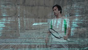 Man holding tennis racket, training in virtual tech space, with neon streaming code lines. Futuristic, innovation, digital, immersive, technology, sport, esports - Powered by Shutterstock - Get 15% off with code: PIKWIZARD15