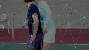 Tennis coach guiding student grip on red court, illustrating sports technology data overlays. Athletic, coaching, digital, outdoor, inspiration, technique, performance - Powered by Shutterstock - Get 15% off with code: PIKWIZARD15