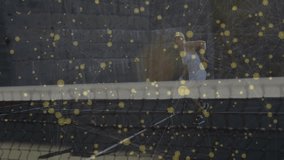 Female tennis player swinging racket on hard court, displaying sports data via yellow node network. Athletic, competition, technology, digital, fitness, modern, active - Powered by Shutterstock - Get 15% off with code: PIKWIZARD15