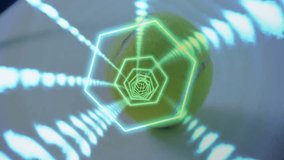 Tennis ball pressing against racket frame, glowing digital hexagon overlaying neon dot patterns. Sports equipment, ball game, futuristic design, technological, athletic, neon lighting, digital concept - Powered by Shutterstock - Get 15% off with code: PIKWIZARD15