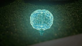 Holographic digital 3D brain floating above grass court, featuring smiley tennis ball and racket. Futuristic, technology, innovation, sports, digital, vibrant, energetic - Powered by Shutterstock - Get 15% off with code: PIKWIZARD15