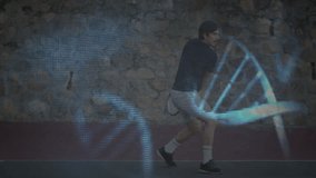 Male tennis player swinging racket indoors projecting blue holographic brain overlay for technology. Futuristic, innovation, concentration, athleticism, digital, sports, technology - Powered by Shutterstock - Get 15% off with code: PIKWIZARD15