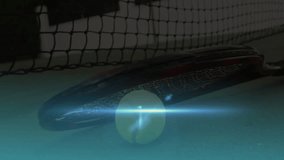 Glowing turquoise wireframe hologram hovering in T-pose over blurred racket ball net with flares. Futuristic, digital, immersive, virtual, neon, technology, sportswear - Powered by Shutterstock - Get 15% off with code: PIKWIZARD15