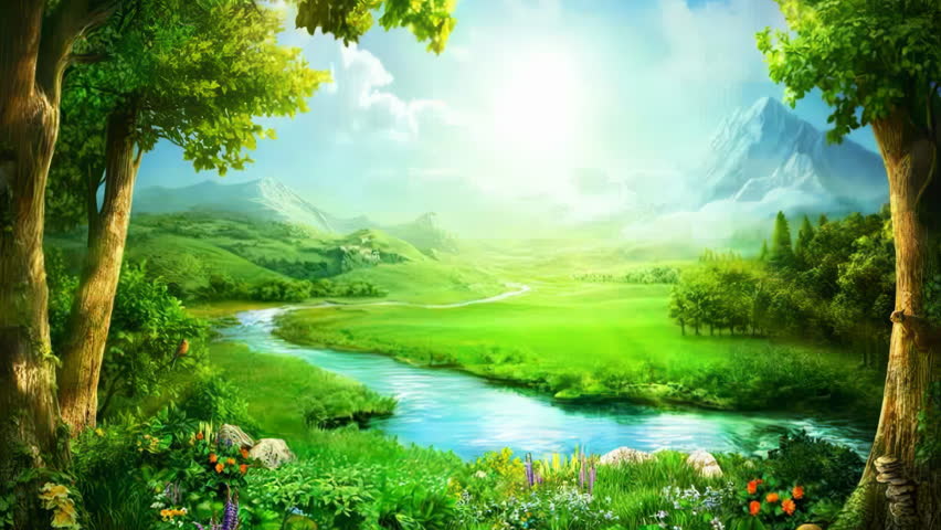 Fantasy bright ambience landscape of beautiful morning sky, mountains, flowers, lake, ancient house with simple animation in Japanese Chinese anime watercolour style. Romantic green holographic stage