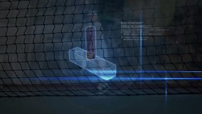 female tennis player swinging racket in sports tech with neon-blue holographic bars overlaying net. Technology, innovation, sports, futuristic, motion, interface, realism - Powered by Shutterstock - Get 15% off with code: PIKWIZARD15