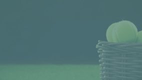 Wicker basket holding yellow tennis balls, being overlaid by floating wireframe brain hologram. Sporting goods, innovation, digital, technology, neuroscience, fitness, presentation - Powered by Shutterstock - Get 15% off with code: PIKWIZARD15