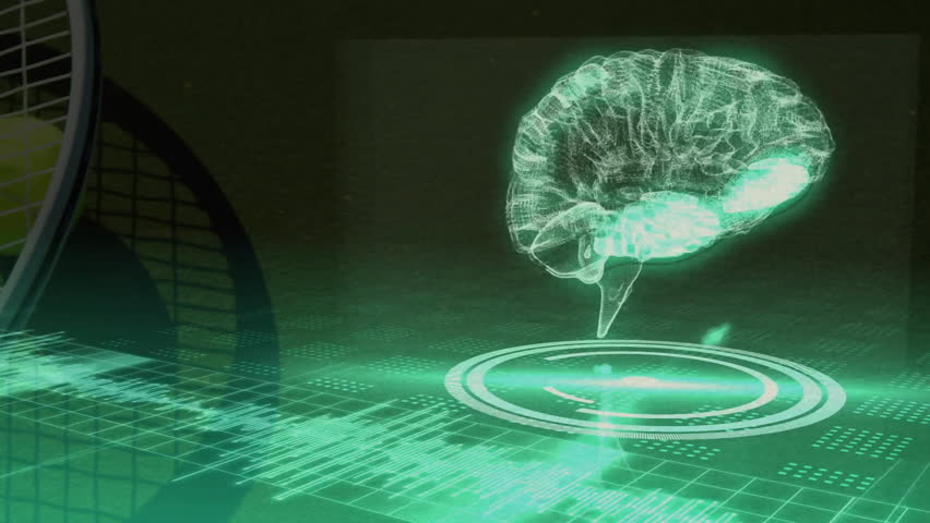 Holographic brain animating above circular interface featuring tennis racket leaning and data grid. Futuristic, technology, innovation, digital, interface, neural, visualization - Powered by Shutterstock - Get 15% off with code: PIKWIZARD15