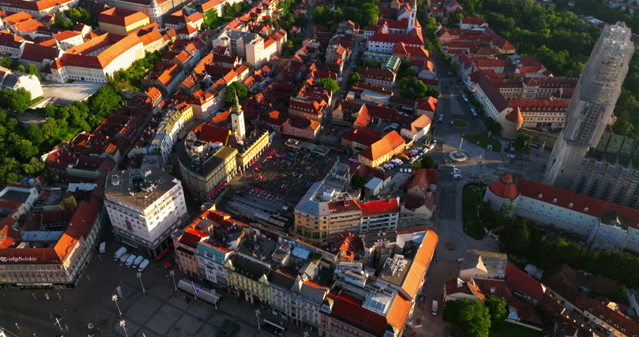 Aerial Drone View Of Large Market Dolac During Sunrise In Zagreb, Croatia.