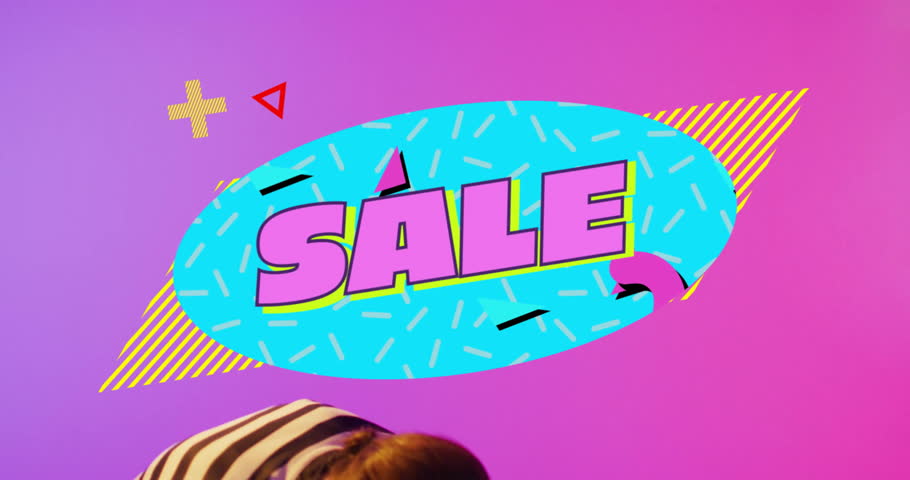 woman peeking behind sale banner in marketing studio, featuring animated geometric overlays. Vibrant, energetic, abstract, modern, dynamic, colorful, commercial