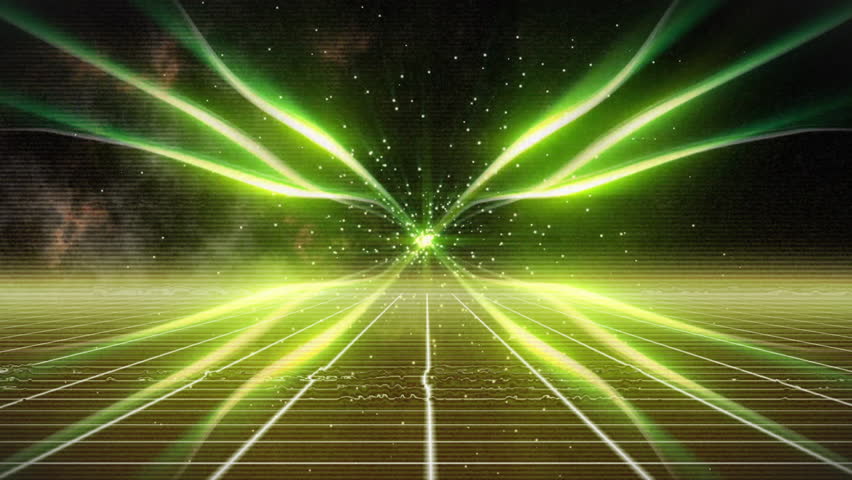 Retro-futuristic energy core emitting glowing green beams over grid floor, particles floating. Abstract, futuristic, vibrant, cosmic, digital, luminous, immersive - Powered by Shutterstock - Get 15% off with code: PIKWIZARD15
