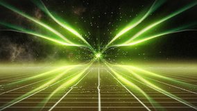 Retro-futuristic energy core emitting glowing green beams over grid floor, particles floating. Abstract, futuristic, vibrant, cosmic, digital, luminous, immersive - Powered by Shutterstock - Get 15% off with code: PIKWIZARD15