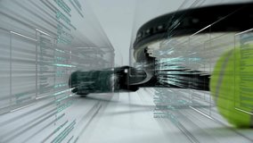 Tennis ball bouncing in racket strings, connecting shopping cart and lock icons with network lines. Sports equipment, digital technology, data visualization, e-commerce, innovation, network, fitness - Powered by Shutterstock - Get 15% off with code: PIKWIZARD15