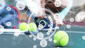female tennis player crouching on court gathering balls with sports technology HUD displaying data. Athletic, futuristic, high-tech, sportswear, outdoor, energizing, competition - Powered by Shutterstock - Get 15% off with code: PIKWIZARD15
