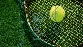 Tennis racket being animated catching yellow ball on green grass in flat design, showing code. Sports equipment, digital interface, futuristic design, outdoor activity, technology integration, - Powered by Shutterstock - Get 15% off with code: PIKWIZARD15