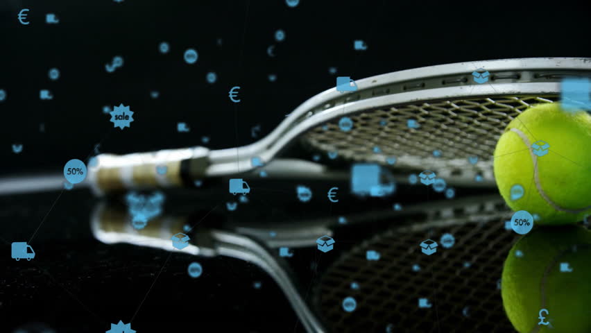 Tennis racket and balls being showcased over glossy surface, showing holographic sales interface. Sport, technology, futuristic, digital, innovation, modern, merchandise