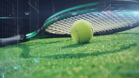 Tennis ball and racket lying on green grass, showing semi-transparent network icons, glowing lines. Sports equipment, digital technology, connectivity, innovation, athletic, modern, outdoor - Powered by Shutterstock - Get 15% off with code: PIKWIZARD15