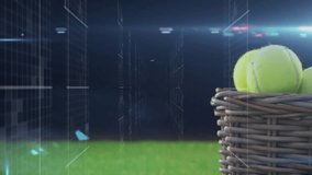 Wicker basket showing glowing tennis balls and rotating turquoise HUD above neon green ground plane. Technology, innovation, sports, digital interface, futuristic, performance, equipment - Powered by Shutterstock - Get 15% off with code: PIKWIZARD15