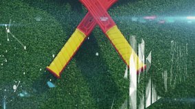 Red plastic rackets being shown crossing on green turf, with digital nodes linking across surface. Sports equipment, technology, digital network, connectivity, outdoor, modern, vibrant - Powered by Shutterstock - Get 15% off with code: PIKWIZARD15