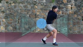 Mature man holding tennis racket on court, engaging with floating code streams and icons in tech. Athletic, futuristic, digital, technology, outdoor, innovation, sport - Powered by Shutterstock - Get 15% off with code: PIKWIZARD15