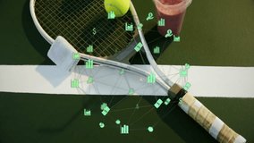 Racket and balls resting on court while HUD charts and dollar icons floating near smoothie cup. Sports equipment, game analytics, digital interface, fitness technology, active lifestyle, modern - Powered by Shutterstock - Get 15% off with code: PIKWIZARD15