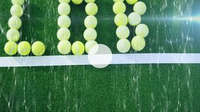 White‑frame racket with yellow balls forming 100M on green turf, displaying digital network icons. Sports equipment, digital connectivity, fitness technology, active lifestyle, modern design, outdoor - Powered by Shutterstock - Get 15% off with code: PIKWIZARD15