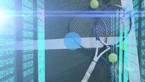 Tennis rackets getting digital overlay on green court, showing data streams and network icons. Sport, innovation, technology, analytics, digital, connectivity, modern - Powered by Shutterstock - Get 15% off with code: PIKWIZARD15