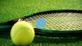 Flat design tennis ball on racket strings showing data panels with floating user icons. Sports, analytics, digital, technology, fitness, networking, athleticism - Powered by Shutterstock - Get 15% off with code: PIKWIZARD15