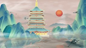 Mysterious landscape China's traditional Oriental Digital Art animation, Chinese retro painting ink misty mountain with flowers, tree, birds, river in fog background. China Japan scenery artwork - Powered by Shutterstock - Get 15% off with code: PIKWIZARD15