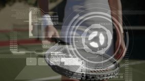 female tennis player analyzing ball toss on court, showing sports technology HUD rings and code. Athlete, sportswear, futuristic, digital, competition, outdoor, intensity - Powered by Shutterstock - Get 15% off with code: PIKWIZARD15
