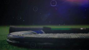 Tennis ball being tracked over racket strings in flat design, HUD indicators floating across court. Sports, technology, innovation, data, visualization, fitness, motion - Powered by Shutterstock - Get 15% off with code: PIKWIZARD15