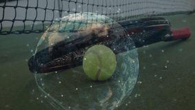 Tennis racket with ball being animated on green court, featuring digital globe merging sports tech. Sport, technology, innovation, connectivity, digital, outdoor, active - Powered by Shutterstock - Get 15% off with code: PIKWIZARD15