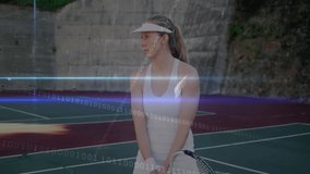 woman swinging racket on tennis court, showing digital data overlay for sports technology. Athlete, fitness, dynamic, modern, outdoor, competitive, energy - Powered by Shutterstock - Get 15% off with code: PIKWIZARD15
